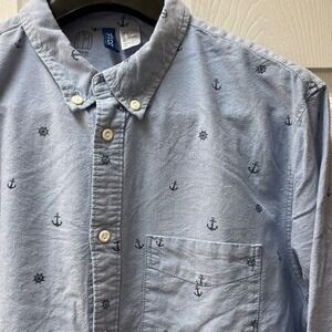 H&M‎ Men's Large Button Front Shirt Naval Nautical Anchor Print Blue Cotton